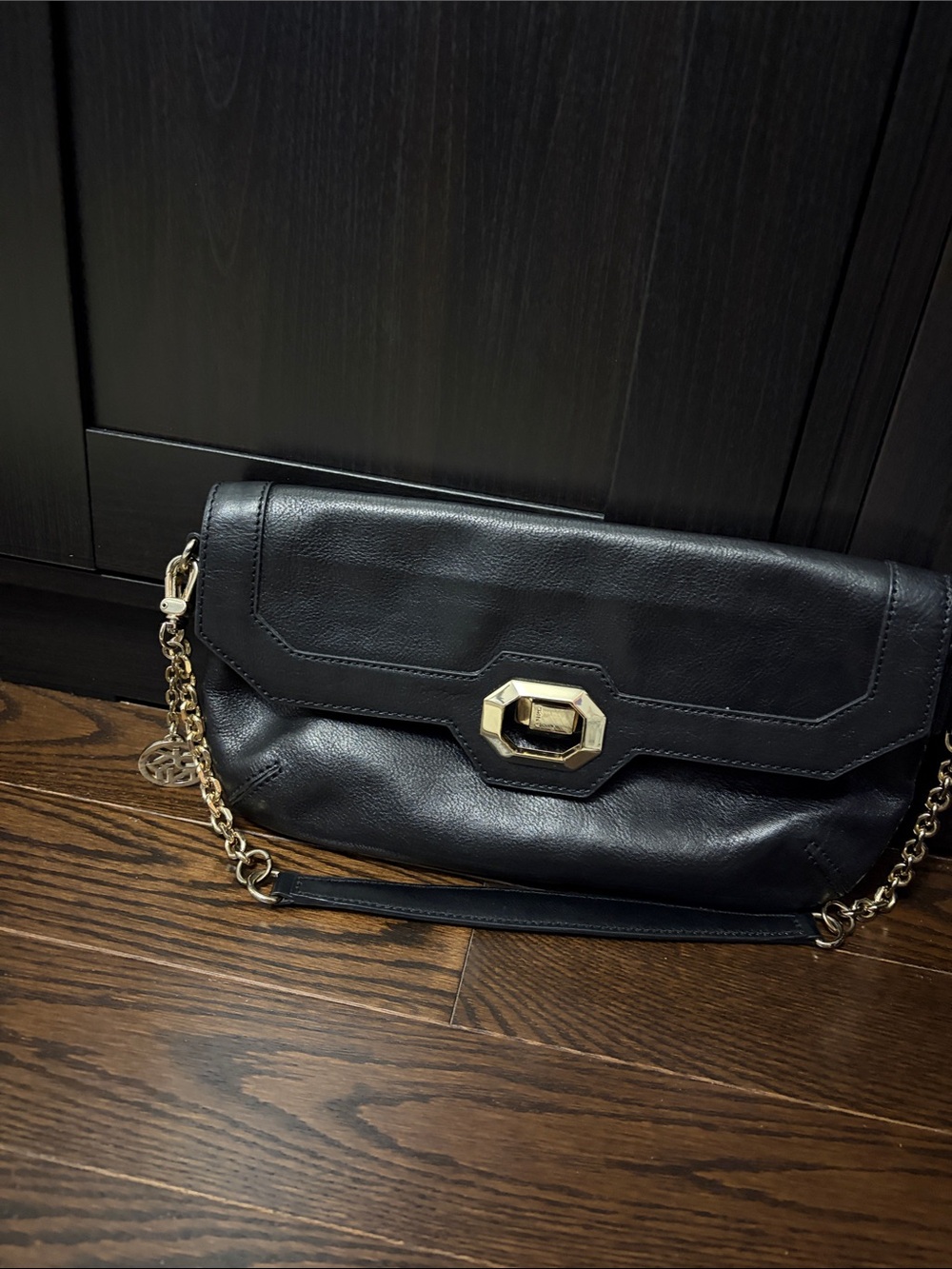 DKNY Black Leather Shoulder Bag with Gold Hardware